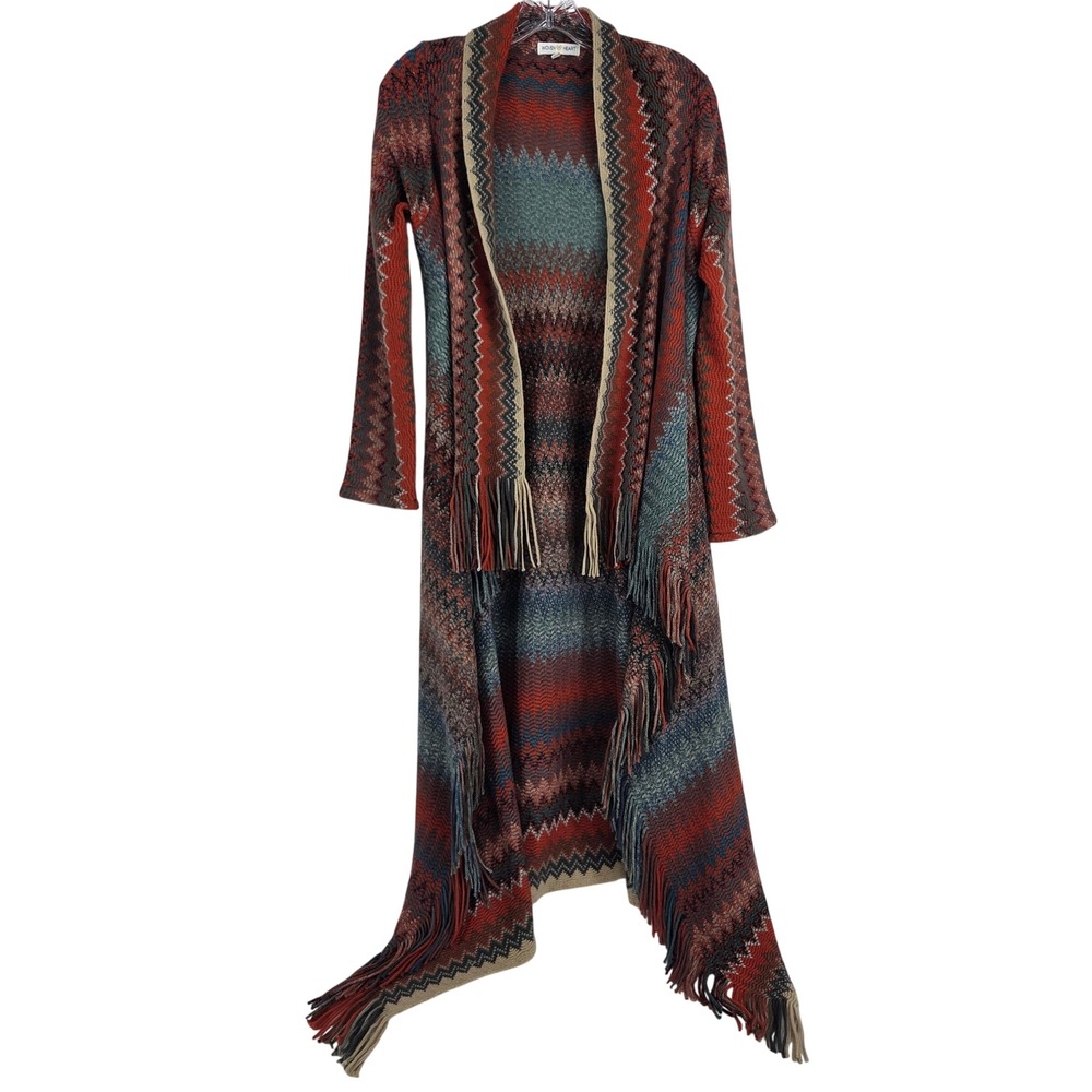 Woven Heart Cardigan S Rust Teal Boho Eclectic Southwestern Fringe Long Sweater